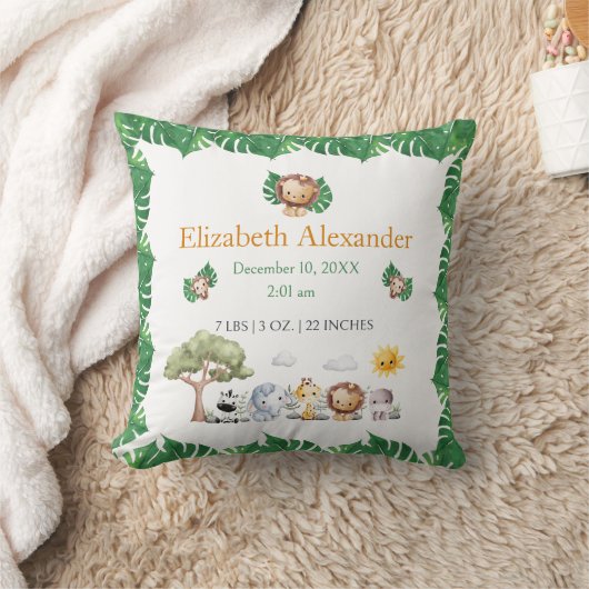 サファリをテーマにしたジャングル動物ベビー誕生統計 クッション (ブランケット)