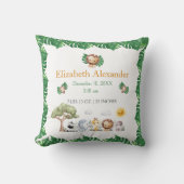 サファリをテーマにしたジャングル動物ベビー誕生統計 クッション (正面)
