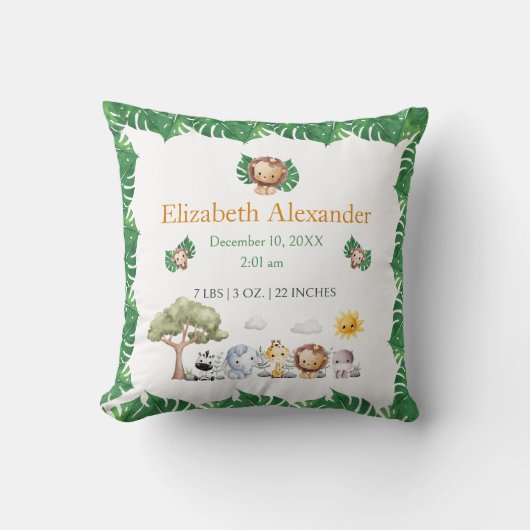 サファリをテーマにしたジャングル動物ベビー誕生統計 クッション (正面)
