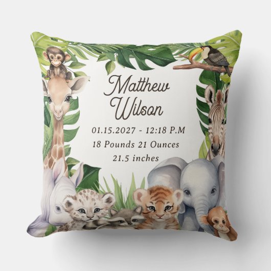 サファリをテーマにした子供部屋誕生統計ベビー動物 クッション (正面)