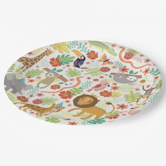 サファリをテーマにした誕生日、かわいいジャングルサファリの動物 ペーパープレート (アングル)