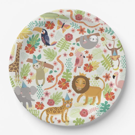 サファリをテーマにした誕生日、かわいいジャングルサファリの動物 ペーパープレート (正面)