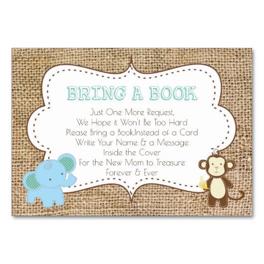 サファリをテーマにした赤ちゃんシャワーカード – 本を持って来る テーブルナンバー (正面)