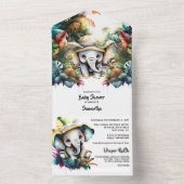 サファリアドベンチャーかわいい象のジャングルの緑 オールインワン招待状 (内側)