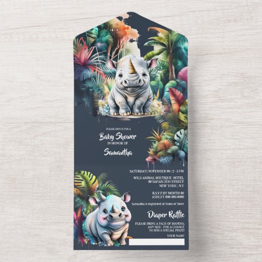 サファリアドベンチャーリノの漫画ジャングルの葉動物園 オールインワン招待状 (内側)