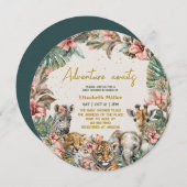 サファリアニマルアドベンチャースタート男の赤ちゃんシャワー 招待状 (正面/裏面)