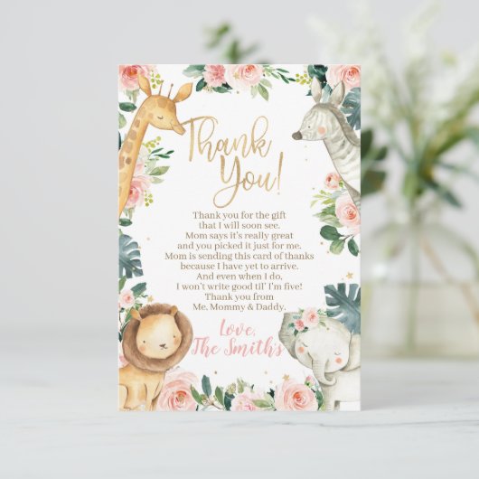 サファリアニマルガールベビーシャワーサンキューカード サンキューカード (スタンド正面)