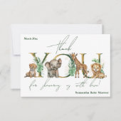 サファリアニマルジャングルグリーン&金ゴールドボーイベビーシャワー サンキューカード (正面)