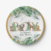 サファリアニマルジャングルグリーン&金ゴールドボーイベビーシャワー ペーパープレート (正面)