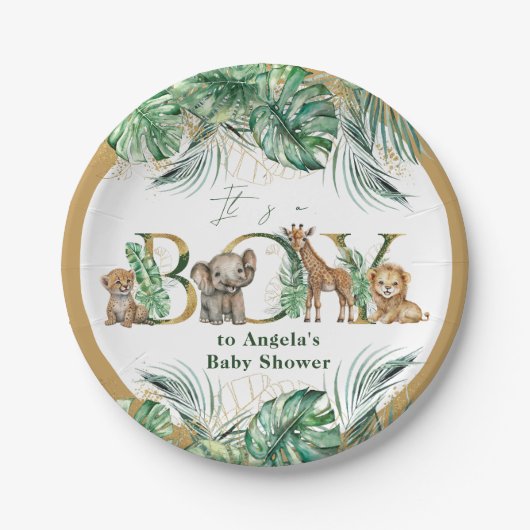 サファリアニマルジャングルグリーン&金ゴールドボーイベビーシャワー ペーパープレート (正面)