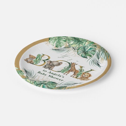 サファリアニマルジャングルグリーン&金ゴールドボーイベビーシャワー ペーパープレート (アングル)