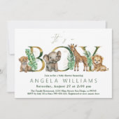 サファリアニマルジャングルグリーン&金ゴールドボーイベビーシャワー 招待状 (正面)