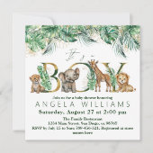 サファリアニマルジャングルグリーン&金ゴールドボーイベビーシャワー 招待状 (正面)