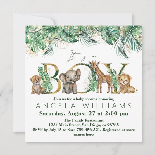 サファリアニマルジャングルグリーン&金ゴールドボーイベビーシャワー 招待状 (正面)