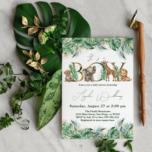 サファリアニマルジャングルグリーン&金ゴールドボーイベビーシャワー 招待状
