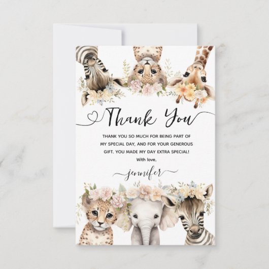 サファリアニマルズガール誕生日ありがとう サンキューカード (正面)