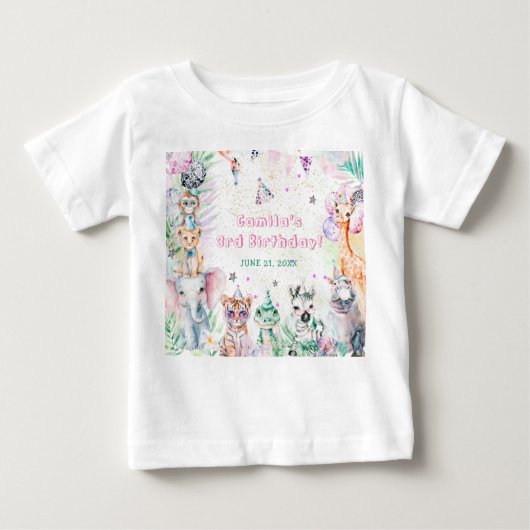 サファリアニマルズガール誕生日 ベビーTシャツ (正面)