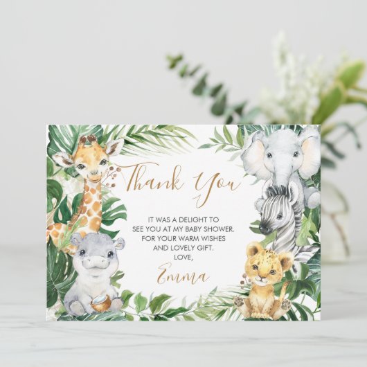 サファリアニマルズグリーンリーベビーシャワーサンキューカード 招待状 (スタンド正面)