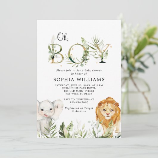 サファリアニマルズグリーンリーベビーシャワー招待状 招待状 (スタンド正面)