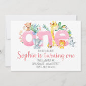 サファリアニマルズジャングルピンクガール1st最初の誕生日 招待状 (正面)