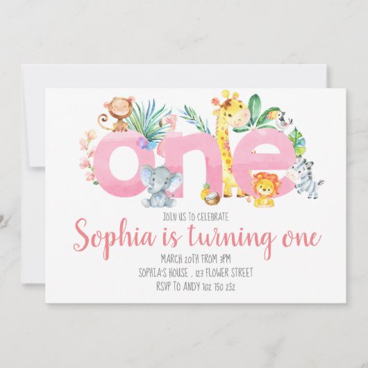 サファリアニマルズジャングルピンクガール1st最初の誕生日 招待状 (正面)