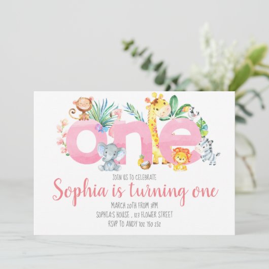 サファリアニマルズジャングルピンクガール1st最初の誕生日 招待状 (スタンド正面)