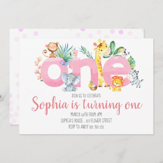 サファリアニマルズジャングルピンクガール1st最初の誕生日 招待状 (正面/裏面)