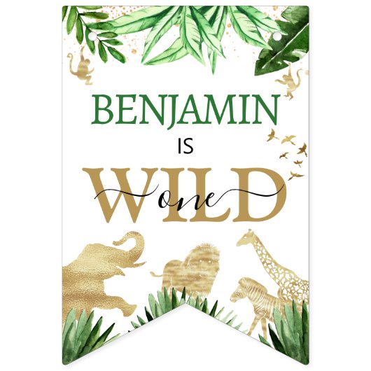 サファリアニマルズジャングルワイルドワンハッピーバースデー バンティングフラッグ (第1の旗)