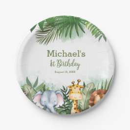 サファリアニマルズジャングル誕生日パーソナライズされたパーティー ペーパープレート