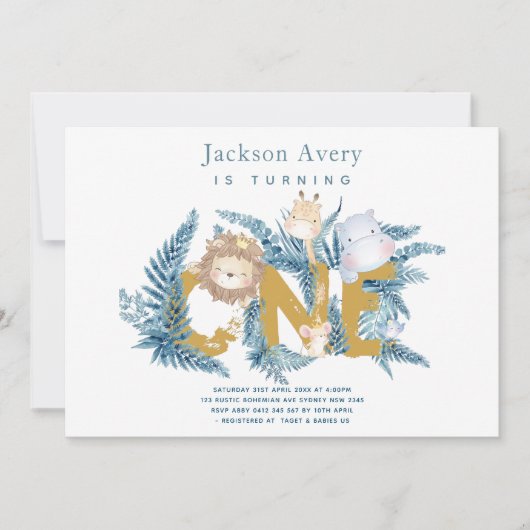 サファリアニマルズトロピカルファースト誕生日 招待状 (正面)