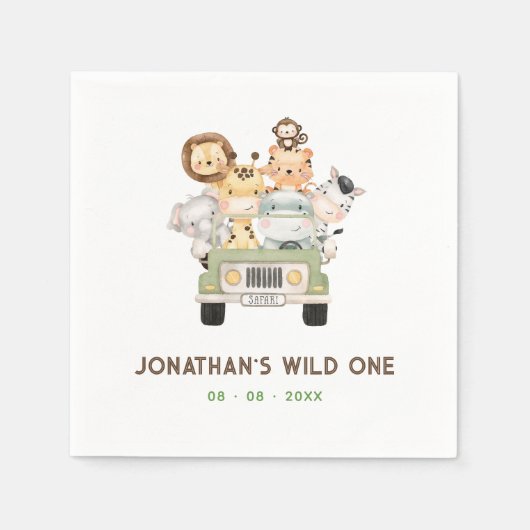 サファリアニマルズナプキンス – ボーイファーストワイルドワン誕生日 スタンダードカクテルナプキン (正面)