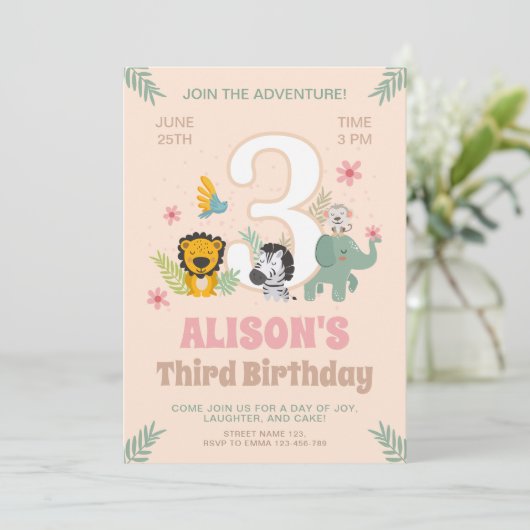 サファリアニマルズパステルサード誕生日 招待状 (スタンド正面)