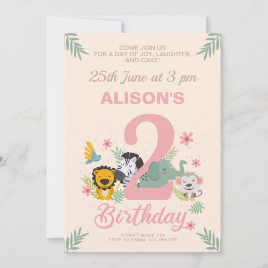 サファリアニマルズパステルセカンド誕生日 招待状 (正面)