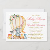 サファリアニマルズピンクフローラエアバルーンベビーシャワー 招待状 (正面)