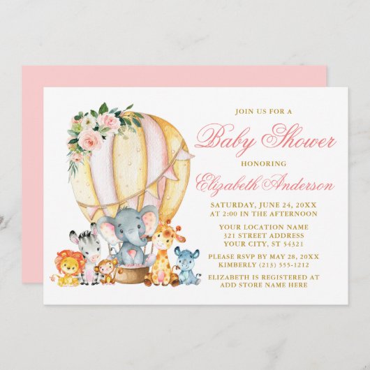 サファリアニマルズピンクフローラエアバルーンベビーシャワー 招待状 (正面/裏面)