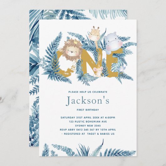 サファリアニマルズファースト誕生日 招待状 (正面/裏面)