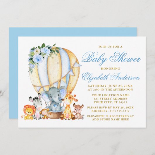 サファリアニマルズブルーフローラエアバルーンベビーシャワー 招待状 (正面/裏面)