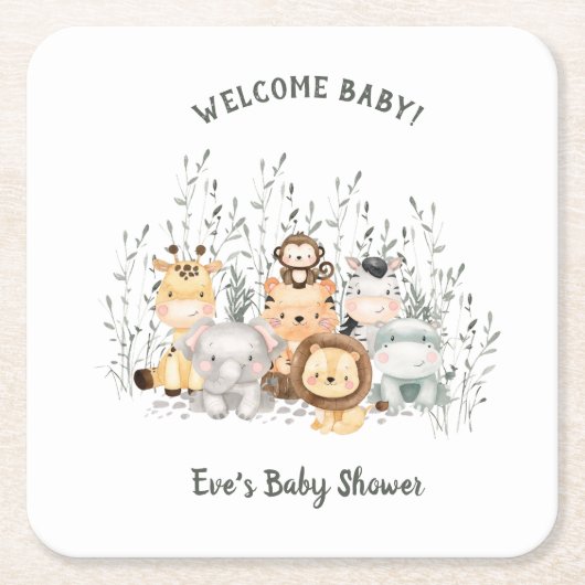 サファリアニマルズベビーシャワーウェルカムベビー スクエアペーパーコースター (正面)