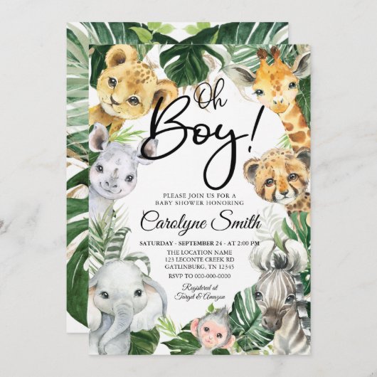 サファリアニマルズベビーシャワー招待状ボーイ 招待状 (正面/裏面)