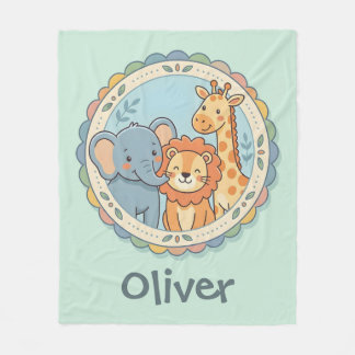 サファリアニマルズペーストルトーンのゾウ ライオン キリン フリースブランケット