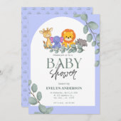 サファリアニマルズボーイブルーベビーシャワー 招待状 (正面/裏面)