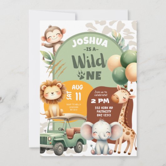 サファリアニマルズボーイワイルドワンファースト誕生日 招待状 (正面)