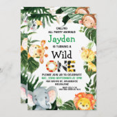 サファリアニマルズワイルドワンサファリプリント1歳の誕生日 招待状 (正面/裏面)