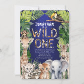 サファリアニマルズワイルドワンネイビーブルー1歳の誕生日 招待状 (正面)