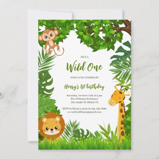 サファリアニマルズワイルドワンファースト誕生日 招待状 (正面)
