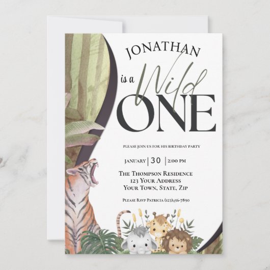 サファリアニマルズワイルドワンファースト誕生日 招待状 (正面)