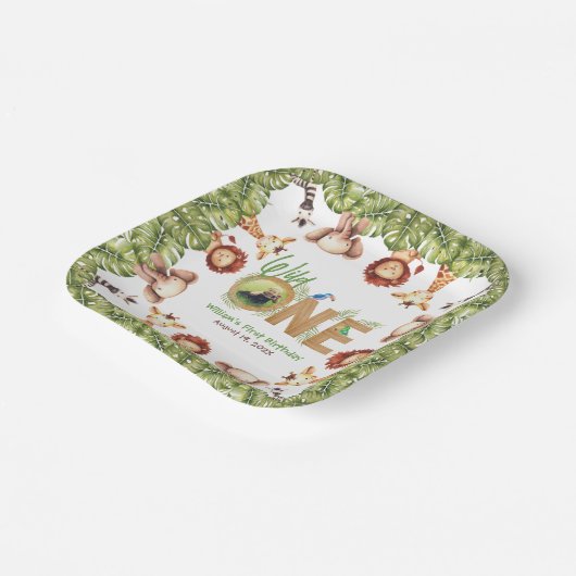 サファリアニマルズワイルドワンフォトファースト誕生日ウッド ペーパープレート (傾斜あり)