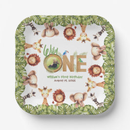 サファリアニマルズワイルドワンフォトファースト誕生日ウッド ペーパープレート