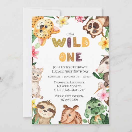 サファリアニマルズワイルドワンボーイズファースト誕生日 招待状 (正面)