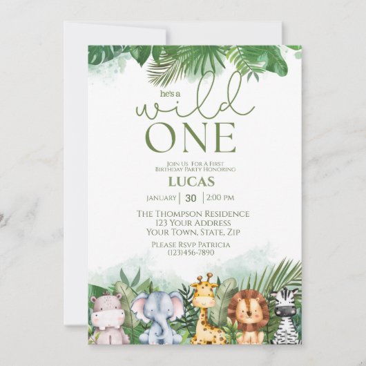 サファリアニマルズワイルドワンボーイズファースト誕生日 招待状 (正面)